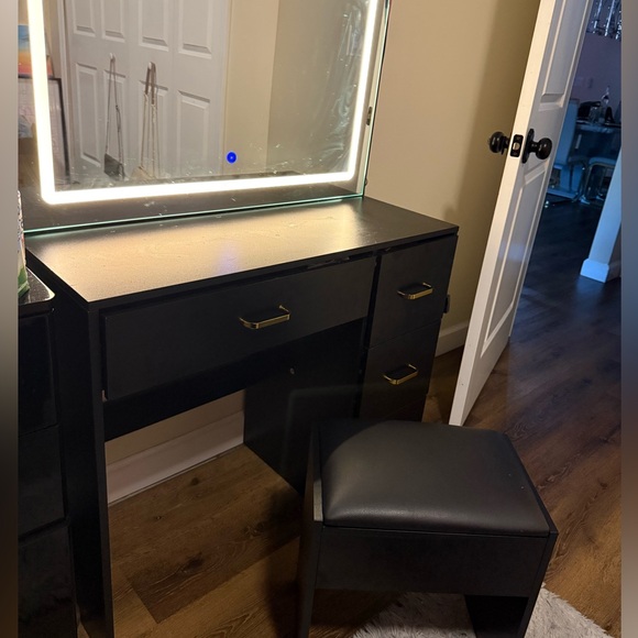 Black Vanity Table with Mirror and Stool